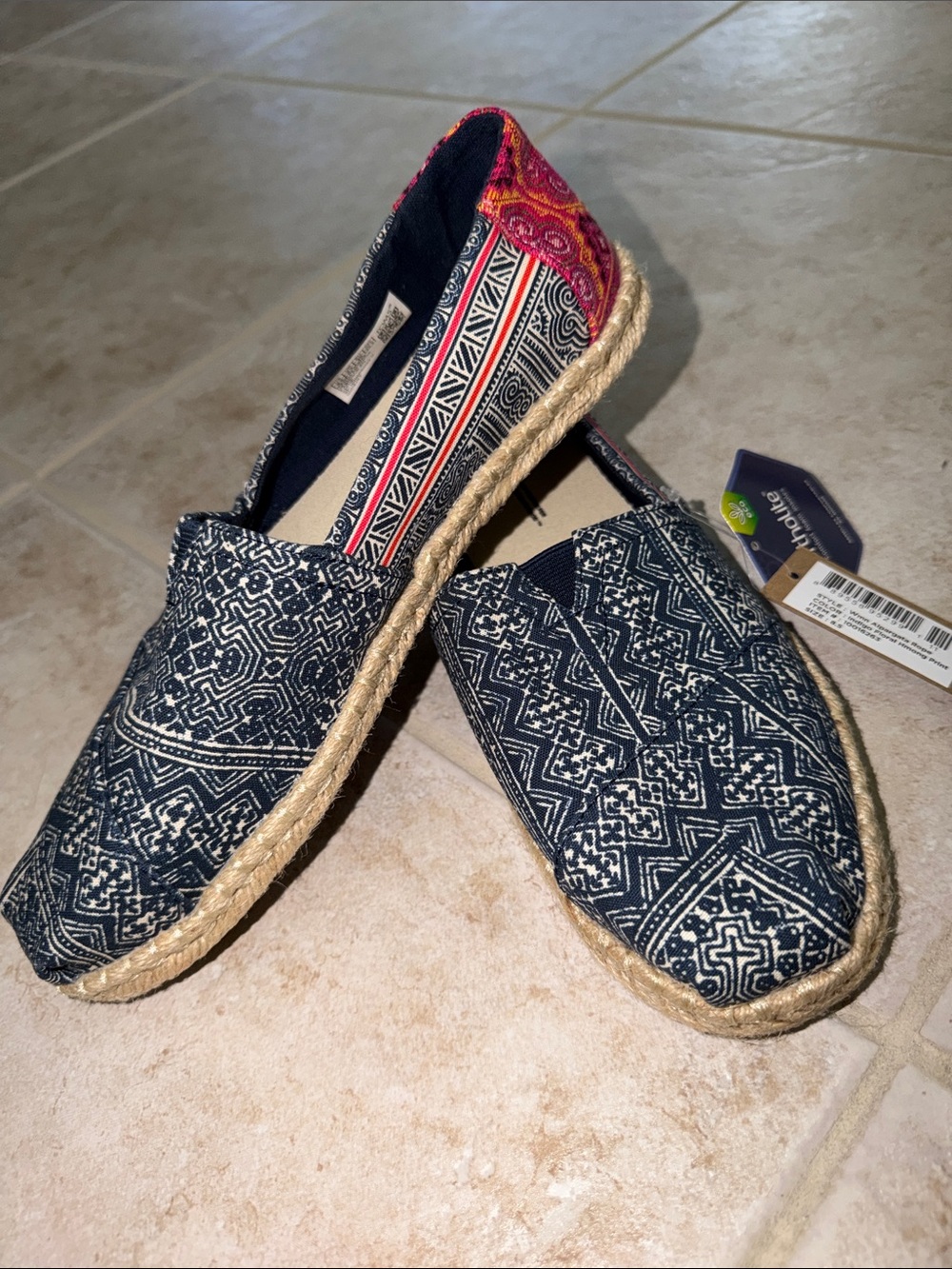 TOMS Navy Printed Canvas Alpargata Slip-Ons with Pink Accent